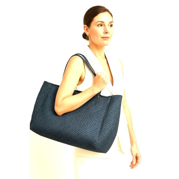Tommy Hilfiger Large Canvas Tote Bag Black On Black Leather Straps - Picture 1 of 9